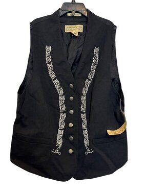 Vintage Jones New York Country Black Vest With Embroidered Trim Size 10 Wool Ble